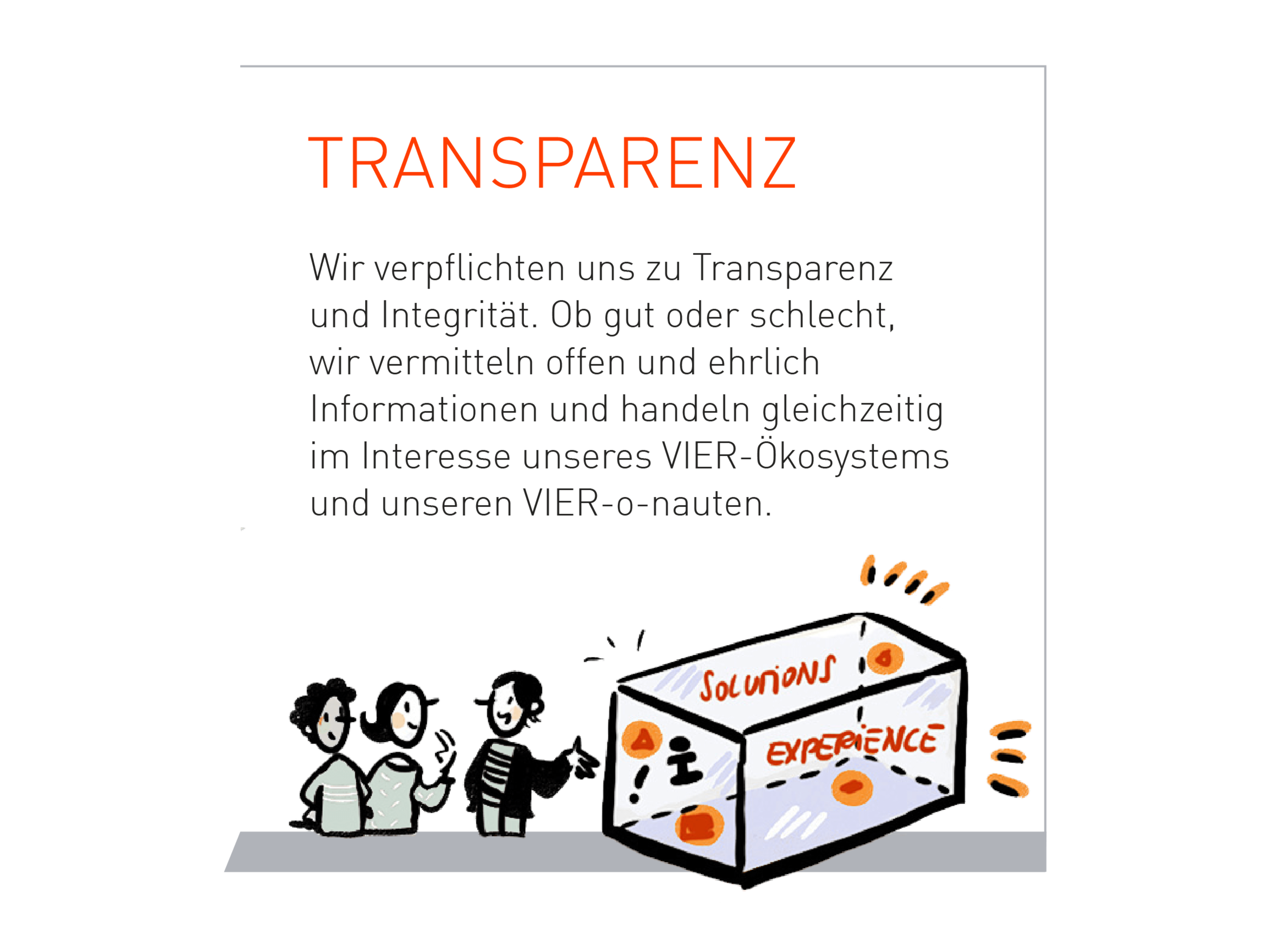Wir verpflichten uns zu Transparenz und Integrität. Ob gut oder schlecht, wir vermitteln offen und ehrlich Informationen und handeln gleichzeitig im Interesse unseres VIER-Ökosystems und unseren VIER-o-nauten.
