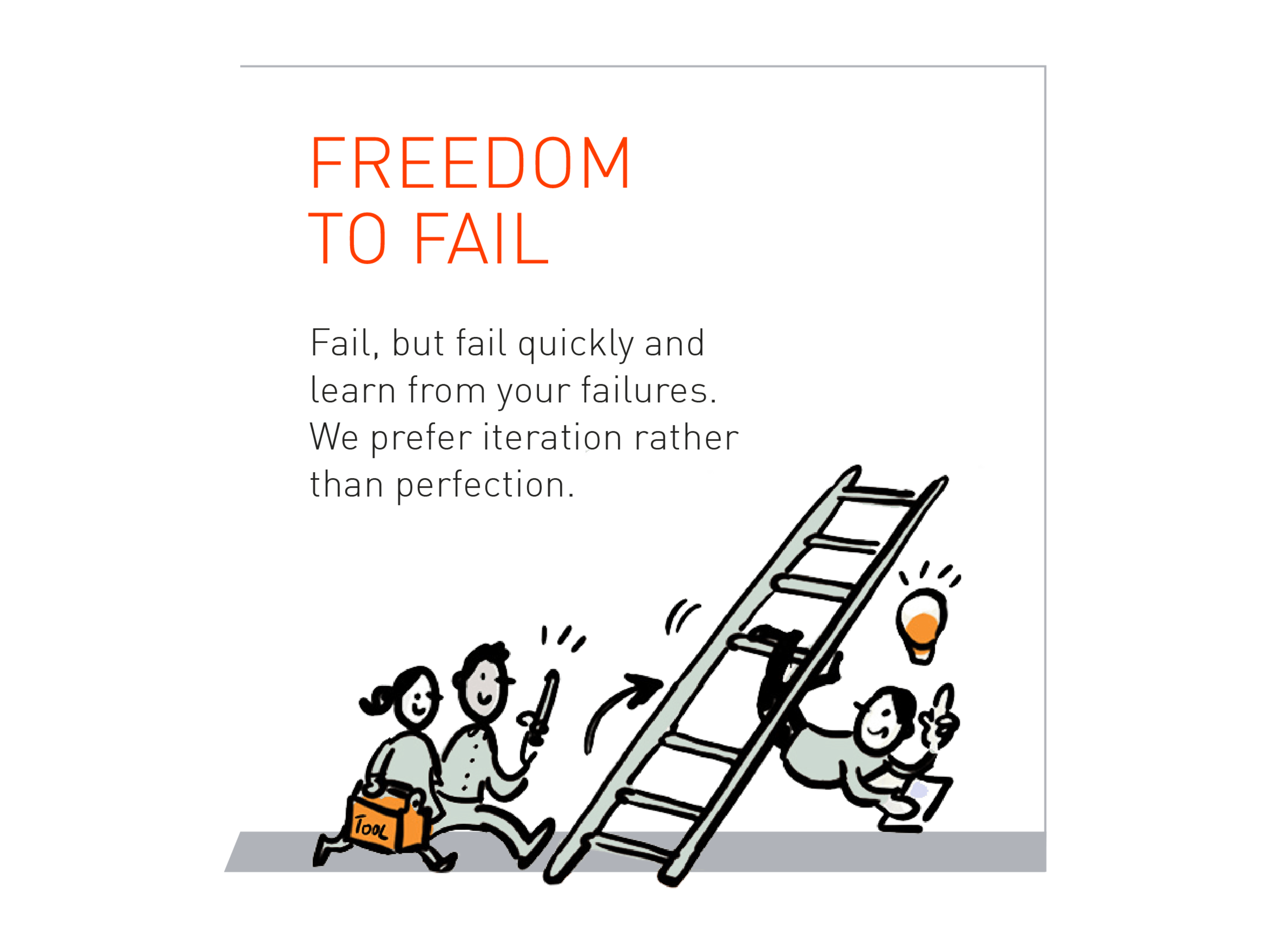 Fail, but fail quickly and learn from your failures. We prefer iteration rather than perfection.