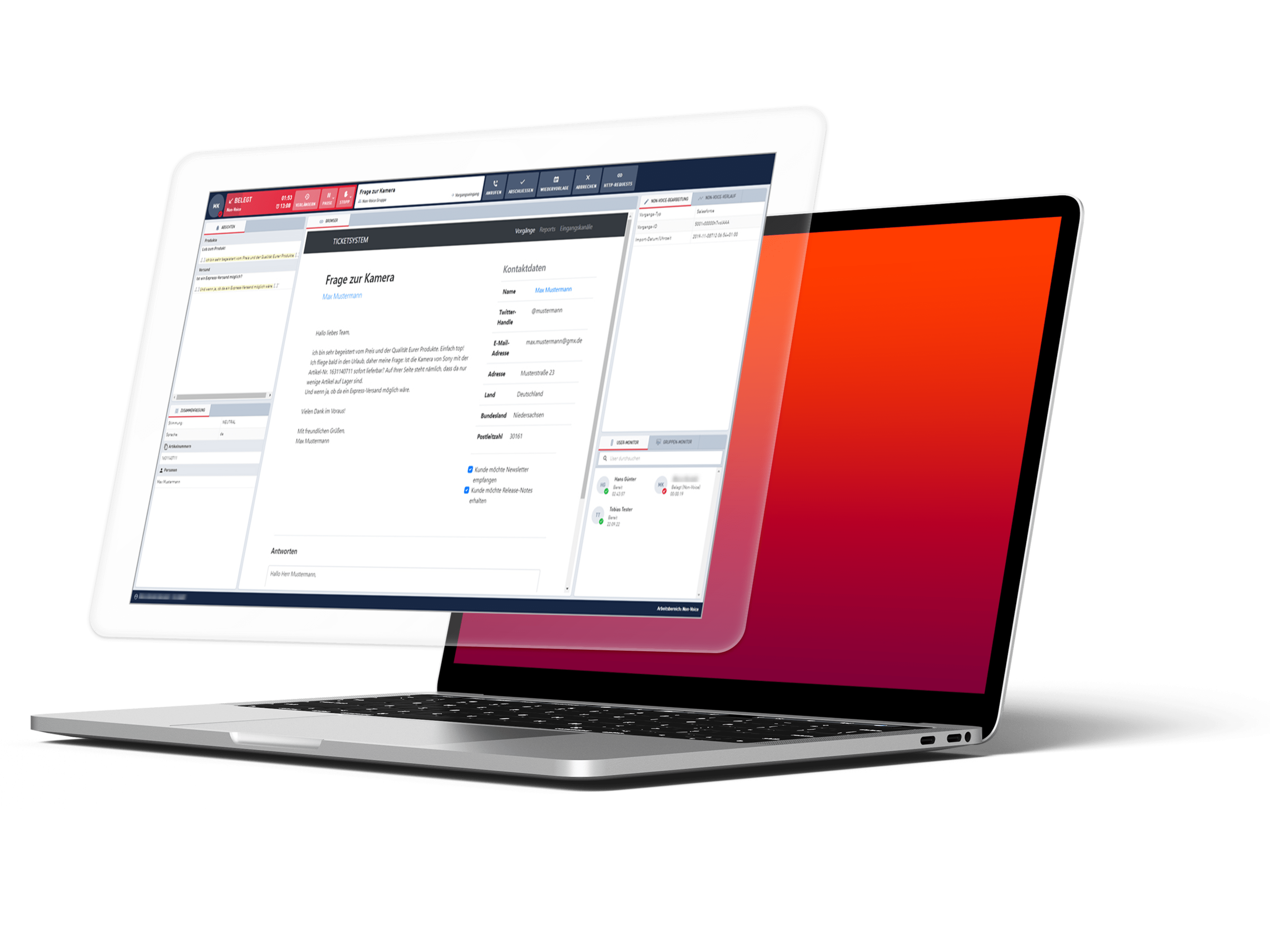 A tablet displaying a complex interface floats above an open laptop with a vibrant red screen against a white background.
