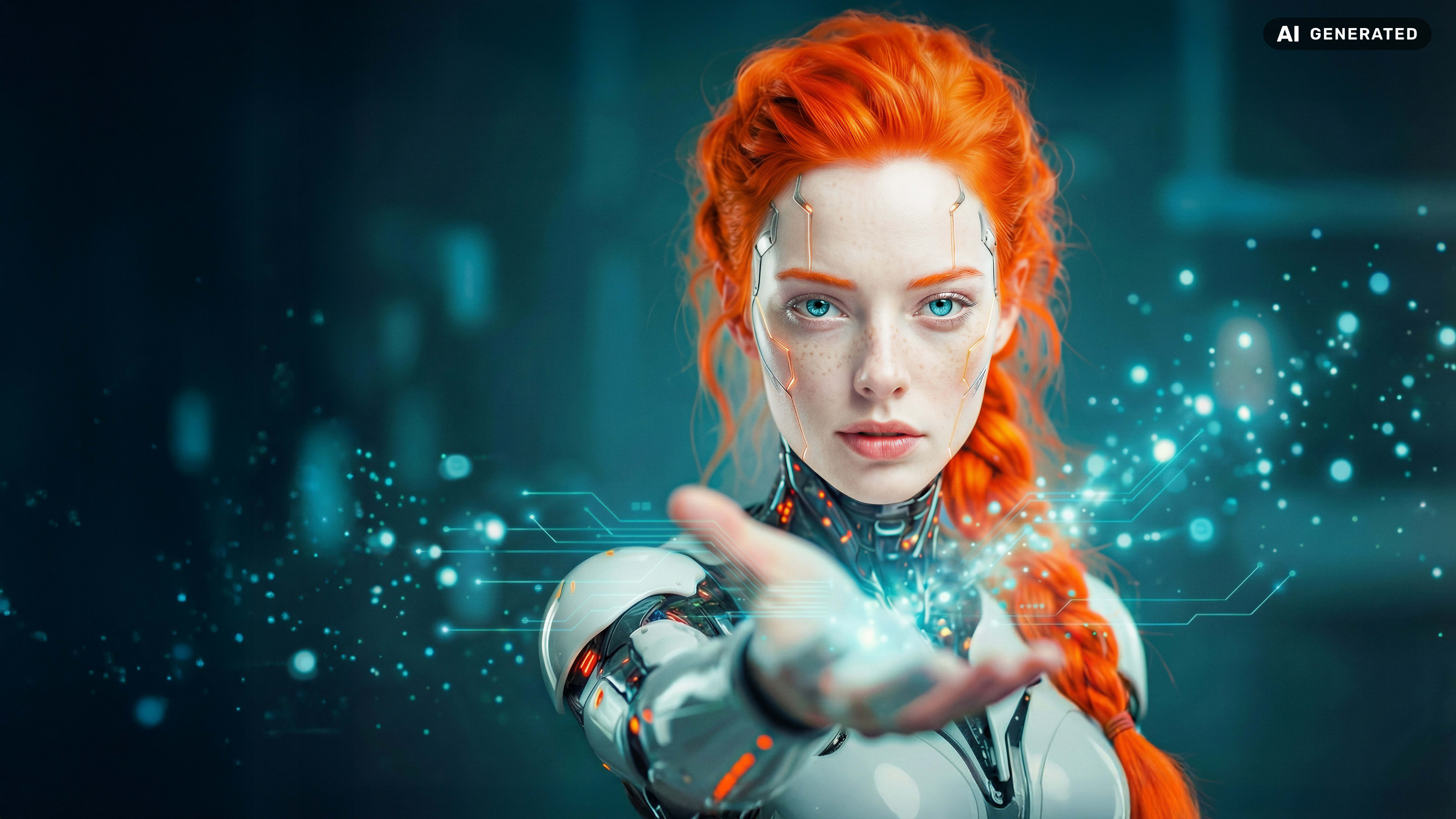 Ein futuristisches Porträt einer Frau mit rotem Haar, die ihre Hand nach vorne hält, umgeben von leuchtenden digitalen Partikeln und abstrakten Interface-Elementen.