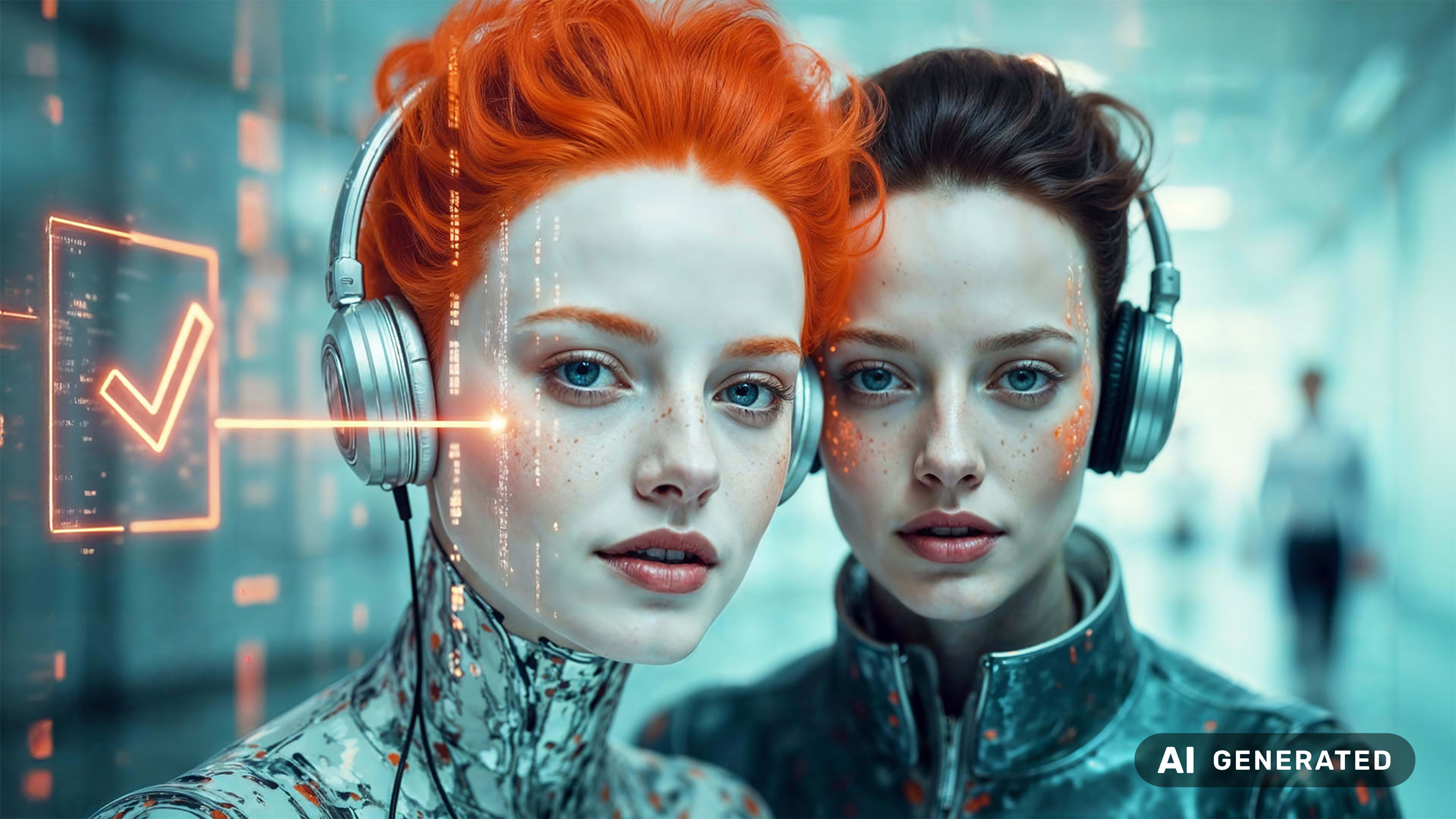 Zwei Frauen mit markanten Gesichtszügen, die eine mit leuchtend rotem Haar, die andere mit dunklem Haar, Kopfhörer tragend und umgeben von einer futuristischen, neonbeleuchteten Umgebung.