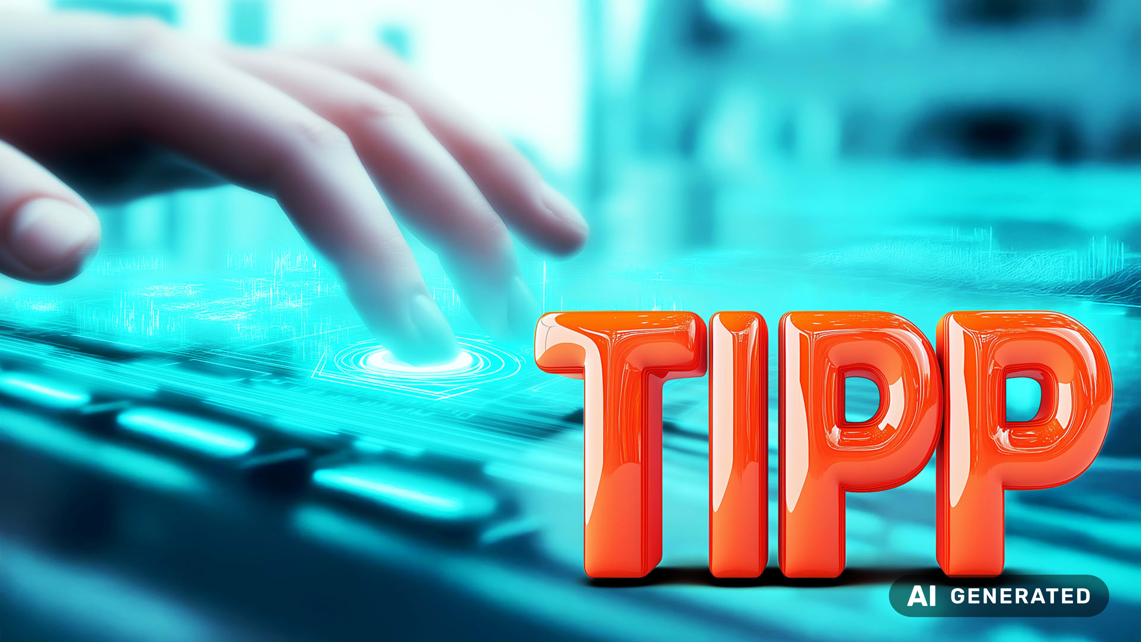 Wort Tipp in orangen Buchstaben, dahinter eine menschliche Hand, die etwas auf eine Tastatur tippt.