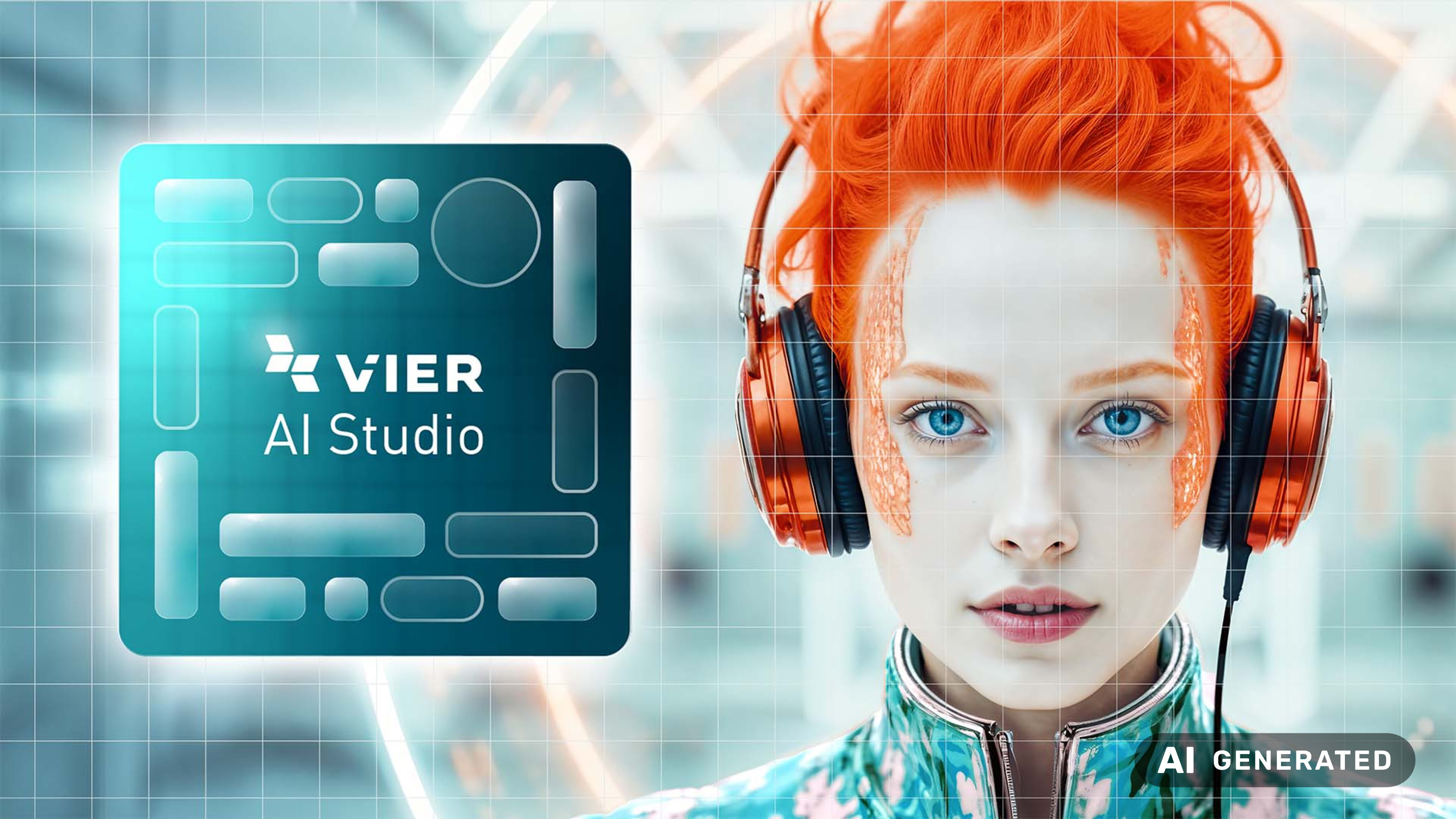 Bild einer Frau mit roten Haaren und roten Kopfhörern vor einem hellblauen Hintergrund. Neben ihr das Logo von VIER AI Studio.