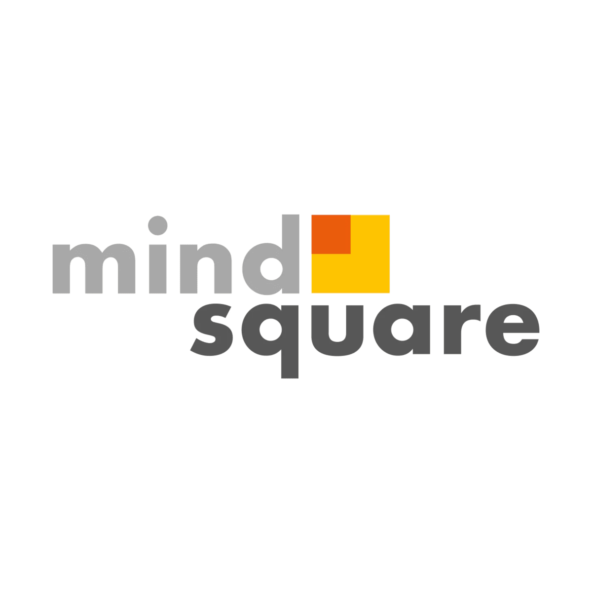 Das Bild zeigt das Logo von mindsquare, wobei das Wort „mind“ in einem helleren und das Wort „square“ in einem dunkleren Grauton gehalten ist. Ein gelbes und orangefarbenes Quadrat befindet sich an der Seite.