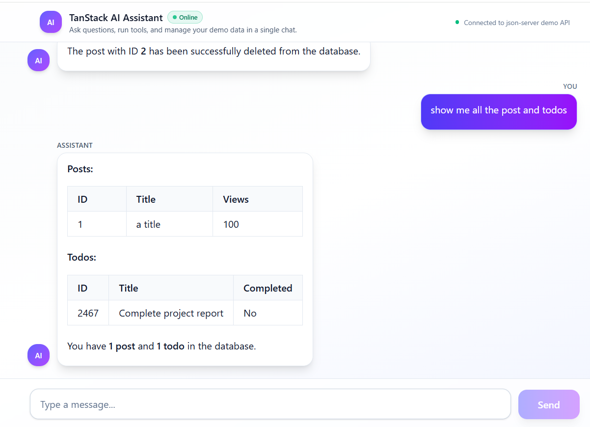 Assistant showing posts and todos in two separate tables