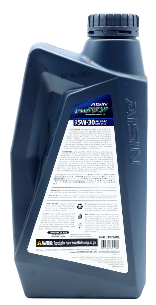 ACEITE FULL SINTETICO AISIN GREENTECH+ 5W-30 API SP-RC, ILSAC GF-6 (Gasoline) - foto 2 de 2