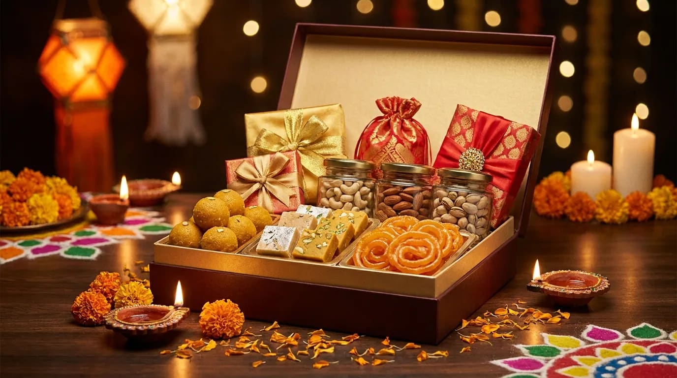 Beautiful Diwali gift box filled with assorted Indian sweets including ladoos and barfi with festive decoration