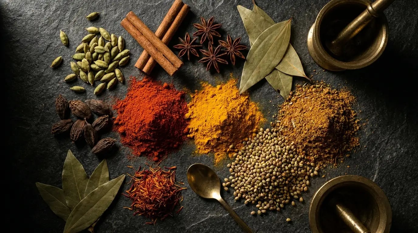 A pot of fragrant biryani rice with whole spices and aromatic steam rising