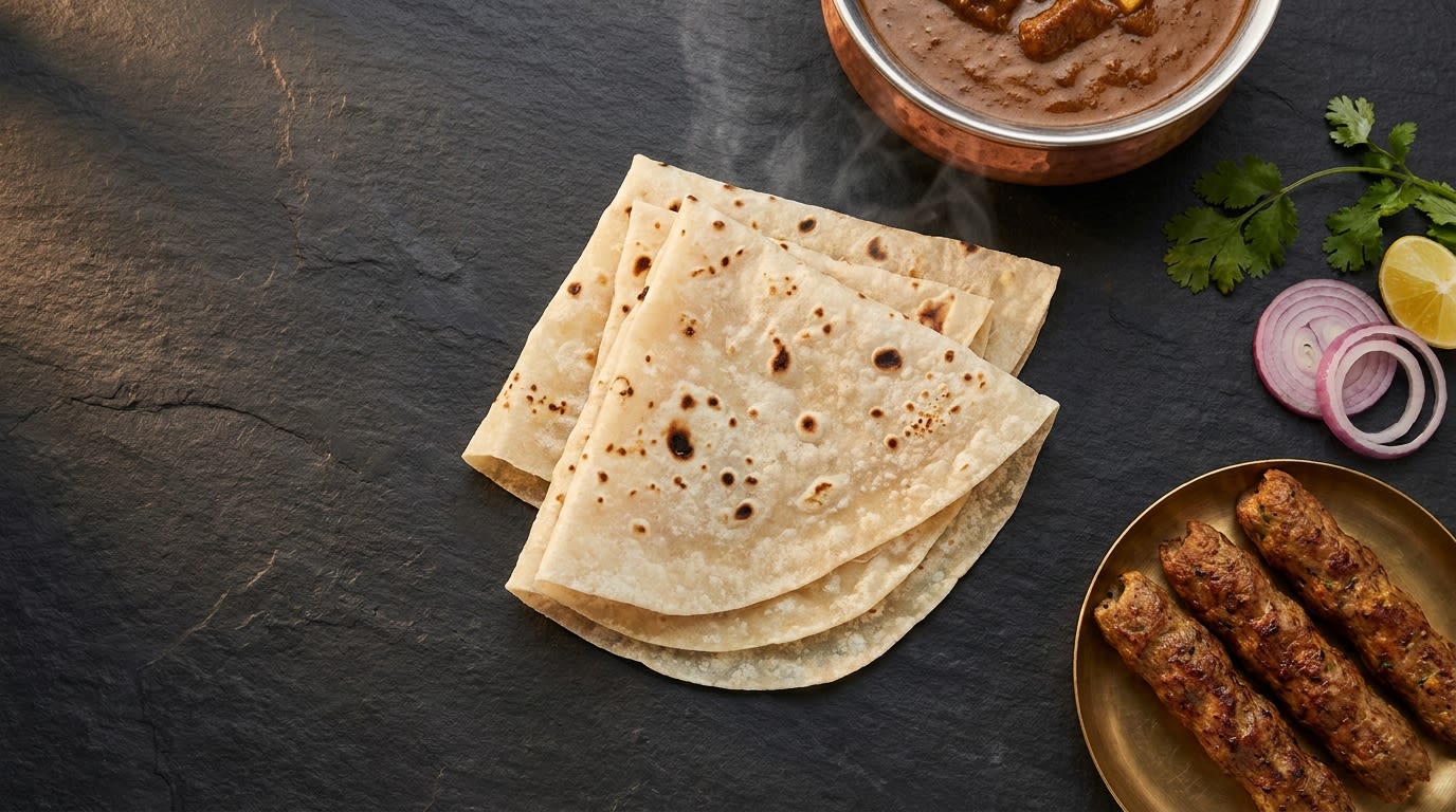 Stack of folded paper-thin rumali roti on a dark surface with kebabs and gravy alongside