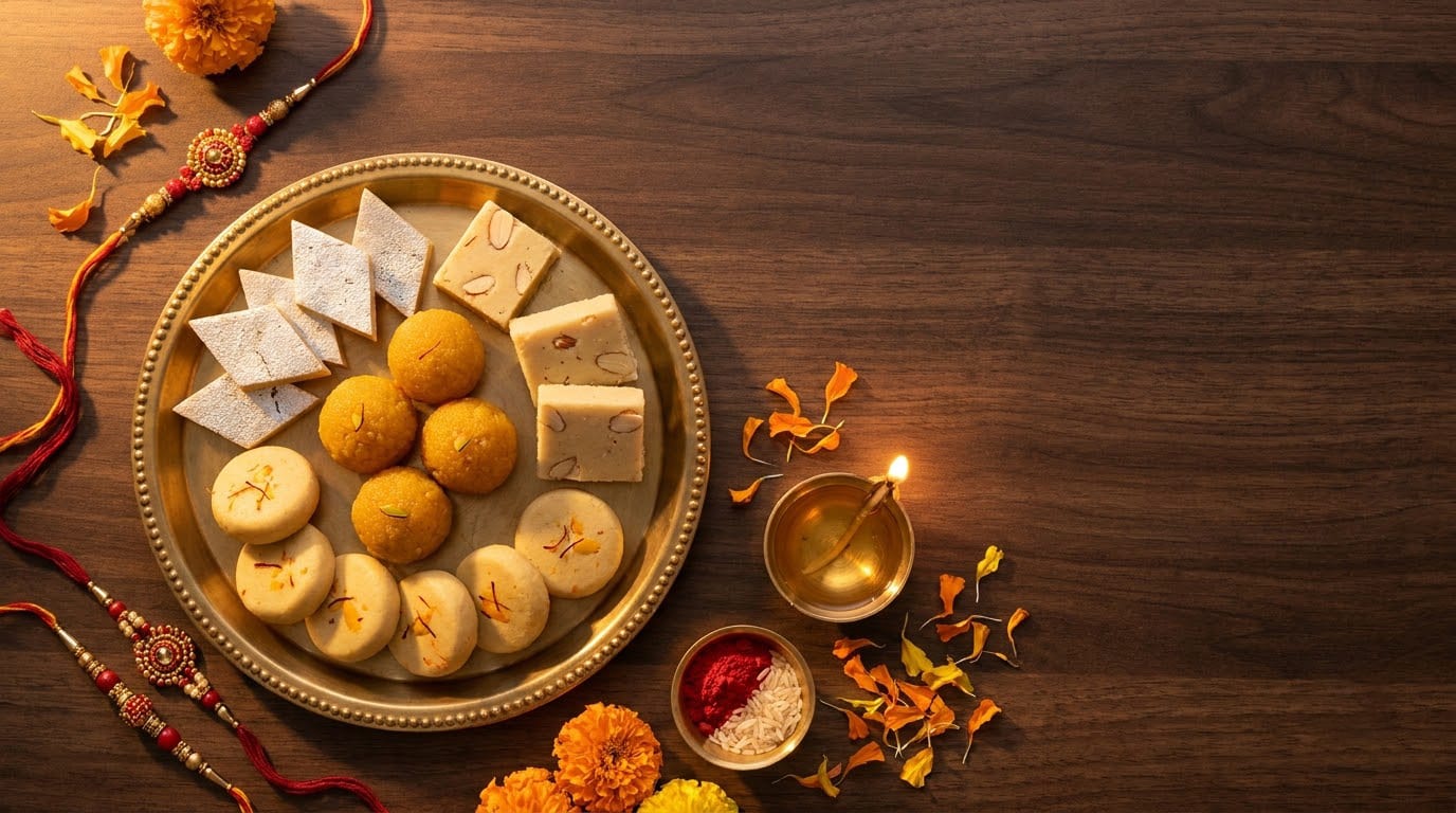 Assorted Indian mithai arranged on a brass thali beside decorative rakhi threads for Raksha Bandhan