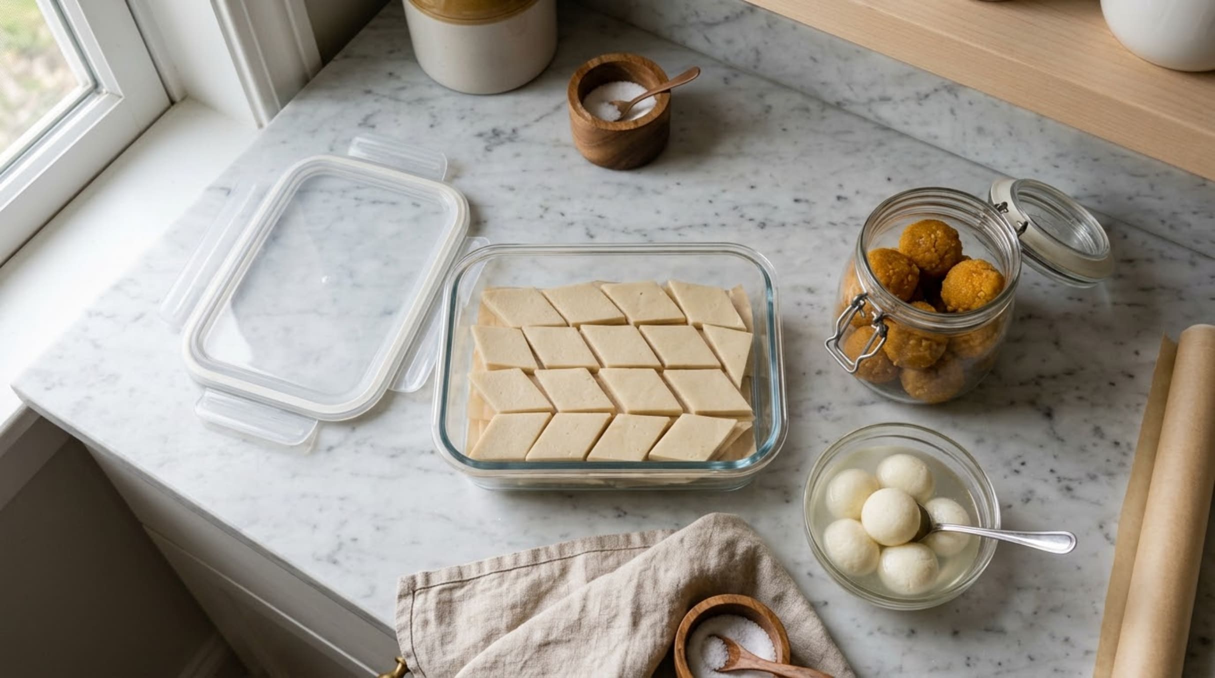 Indian sweets stored in airtight containers with parchment separators on a kitchen bench