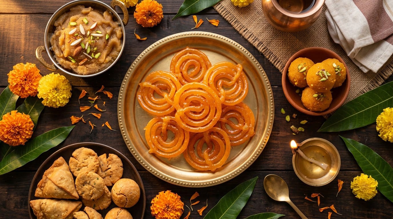 Dussehra festive spread with jalebi, ladoo and savoury snacks on a brass tray with marigold flowers