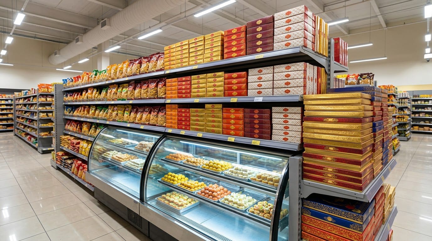 Indian grocery store shelves stocked with festive sweets and snacks ahead of Diwali