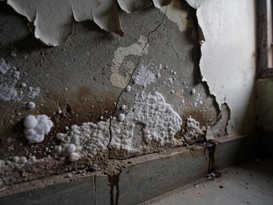 Interior wall damaged by rising damp, peeling paint and salt efflorescence