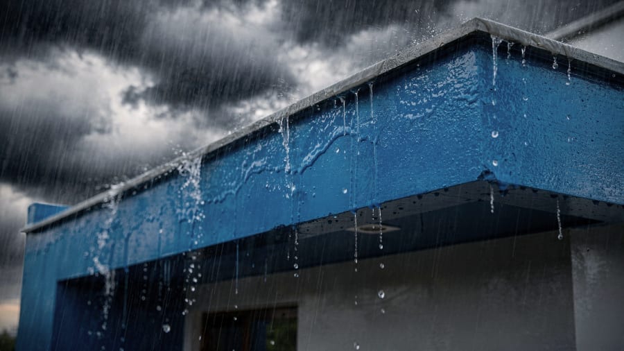 Heavy monsoon rain running off a blue waterproof-coated parapet and roof edge
