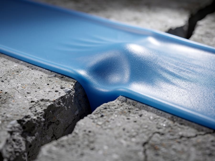 Close-up of a flexible blue elastomeric membrane stretching across a crack in concrete