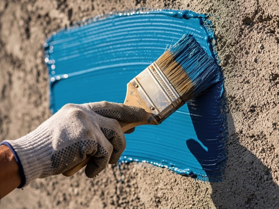 Brush applying thick blue waterproofing coating onto a cement wall