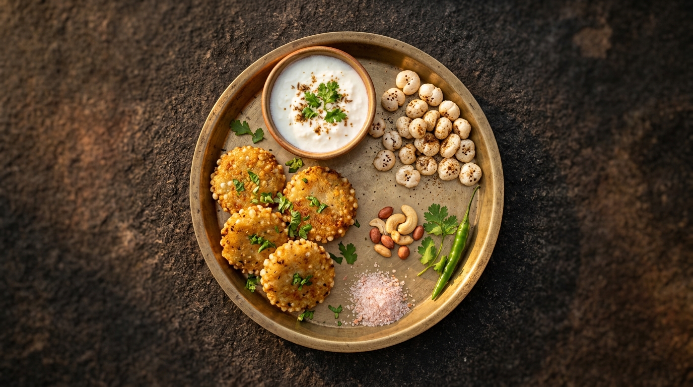 Traditional Indian vrat thali with sabudana tikki, fruits, sendha namak and fasting foods arranged on a brass plate
