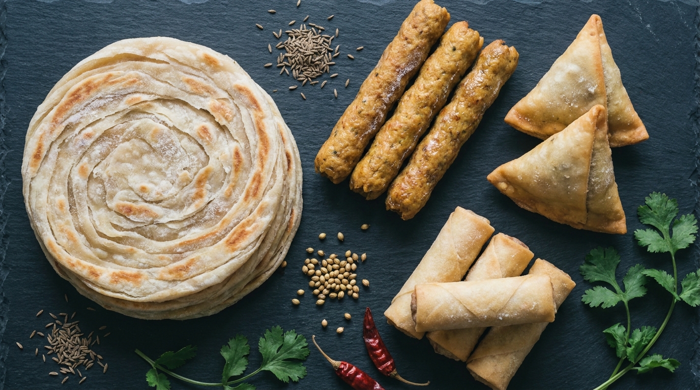 Assorted Pakistani frozen foods including paratha, samosa and kebabs on a dark slate surface