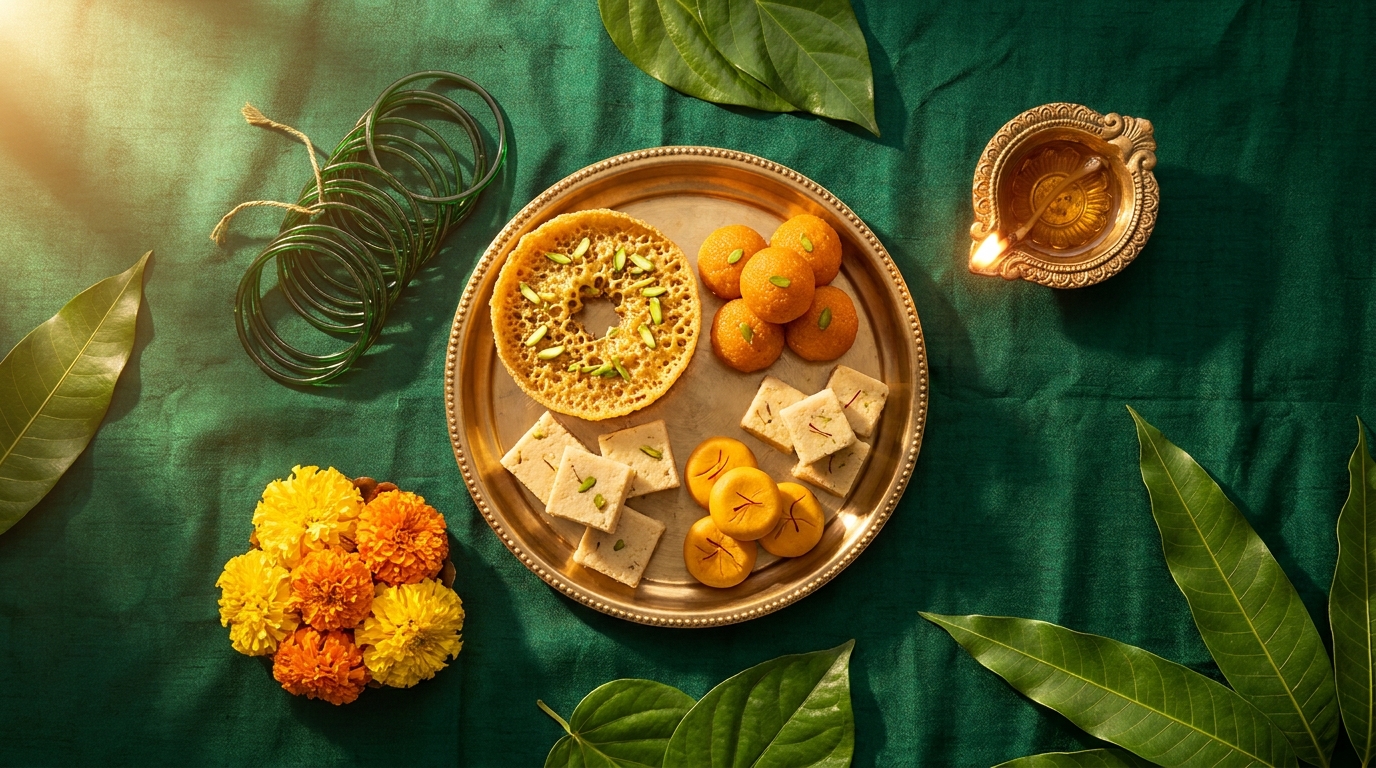 Traditional Hariyali Teej thali with festive sweets, green bangles and marigold on a brass plate