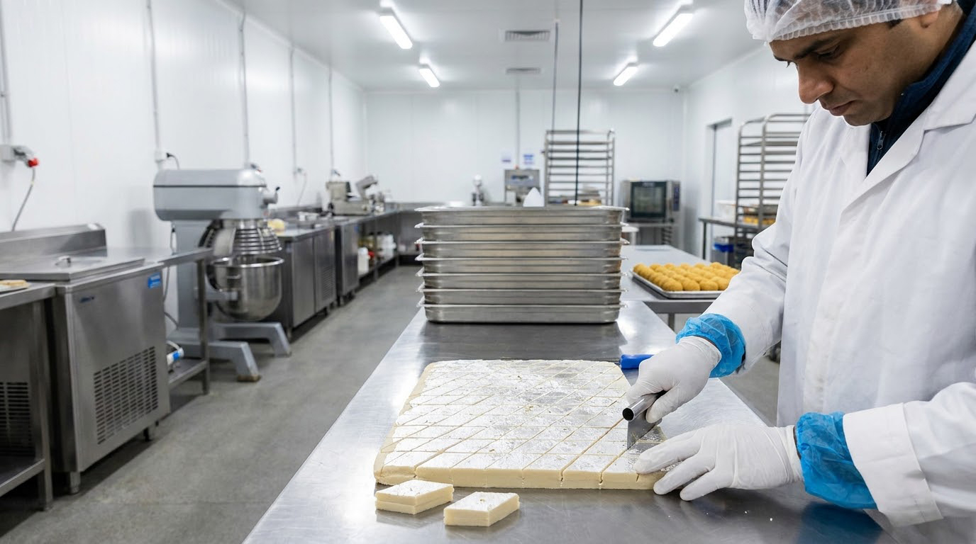 Freshly made Indian sweets being cut into diamonds on a steel tray in a Melbourne kitchen