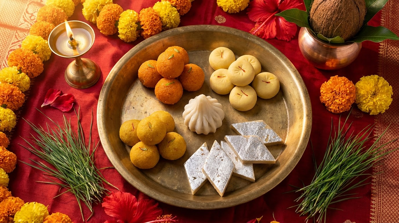 Ganesh Chaturthi prasad thali with modak, ladoo and assorted Indian sweets beside marigold flowers
