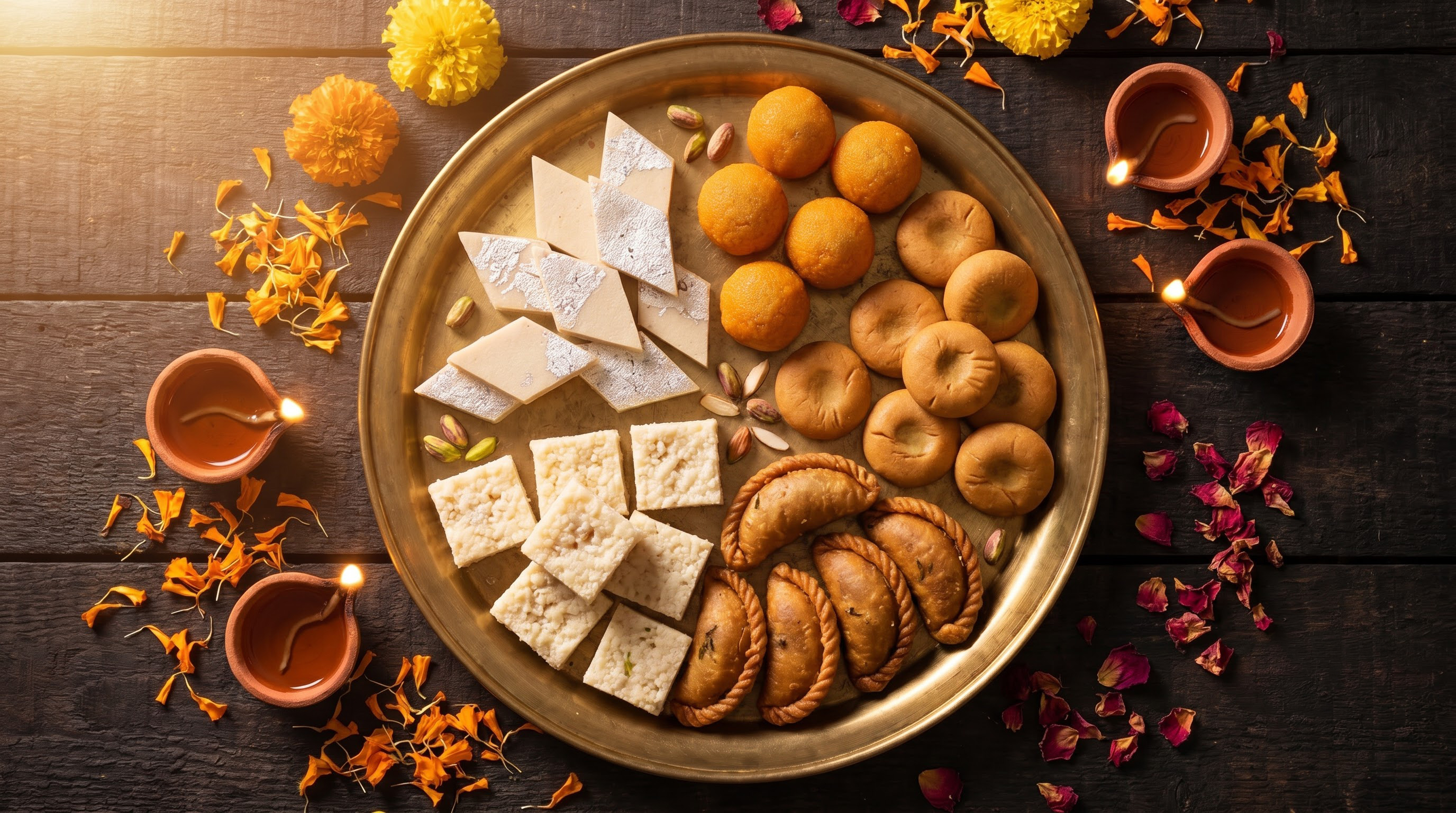 Assorted Indian sweets including kaju katli, motichoor ladoo and kalakand arranged on a brass tray with diyas