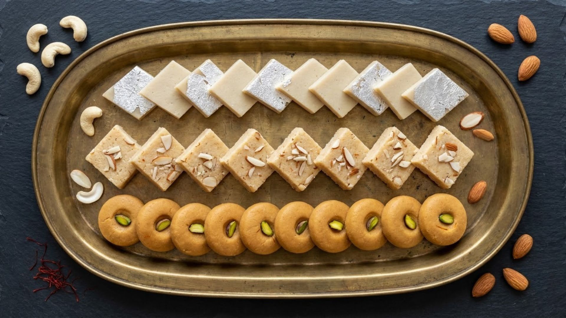 Kaju katli, almond barfi and kesar peda arranged side by side on a brass tray for comparison