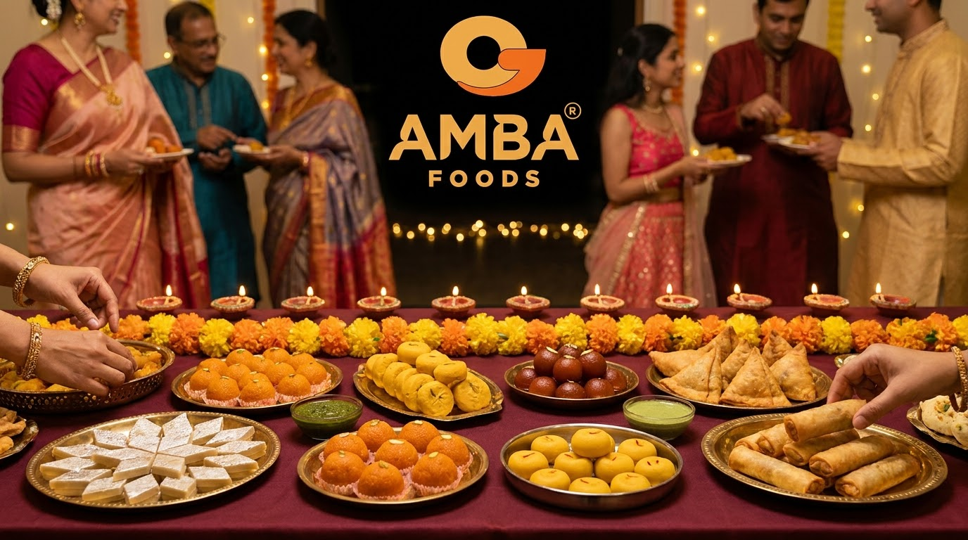 Diwali celebration buffet with trays of Indian sweets, samosas and snacks, and guests in festive clothes