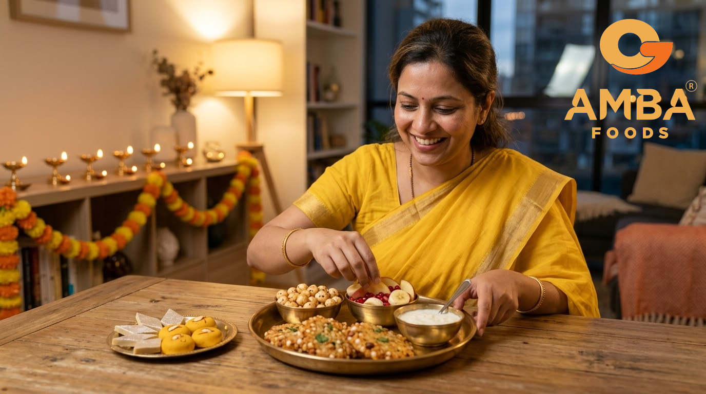 Navratri vrat thali with sabudana tikki, makhana, fruit and milk sweets on a brass plate