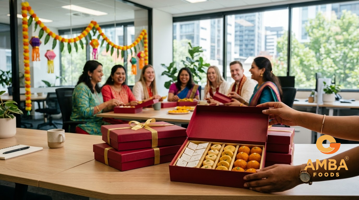 Stack of Diwali sweet gift boxes on an office desk with colleagues celebrating in the background