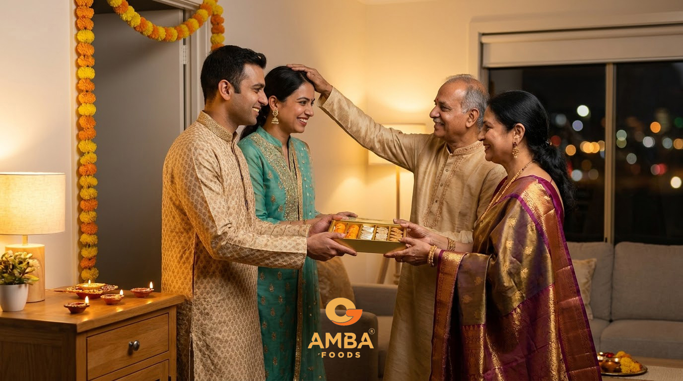 Adult children giving a Diwali gift box to their parents in a Melbourne living room decorated with diyas