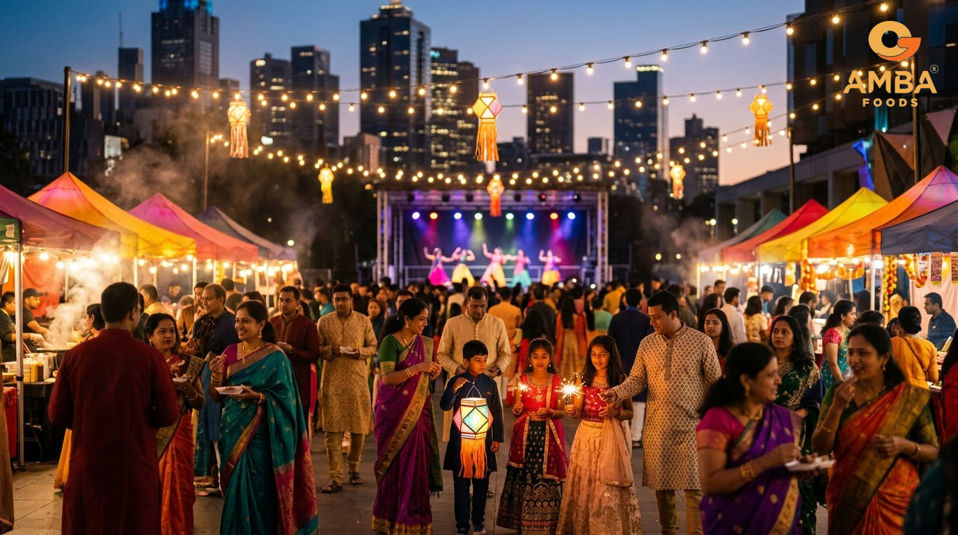 Crowds celebrating Diwali at an outdoor festival in Melbourne at dusk, with strings of lights and a stage