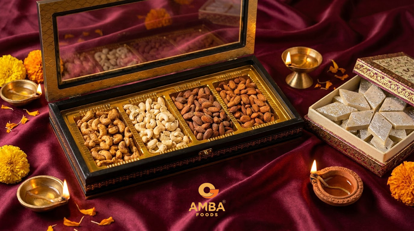 Diwali dry fruit gift box with cashews and almonds in compartments beside lit diyas