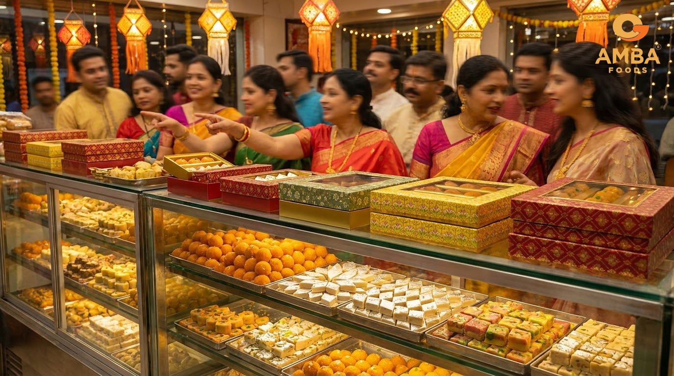 A busy Indian sweet counter in Diwali week with trays of ladoo, kaju katli and barfi and stacked gift boxes
