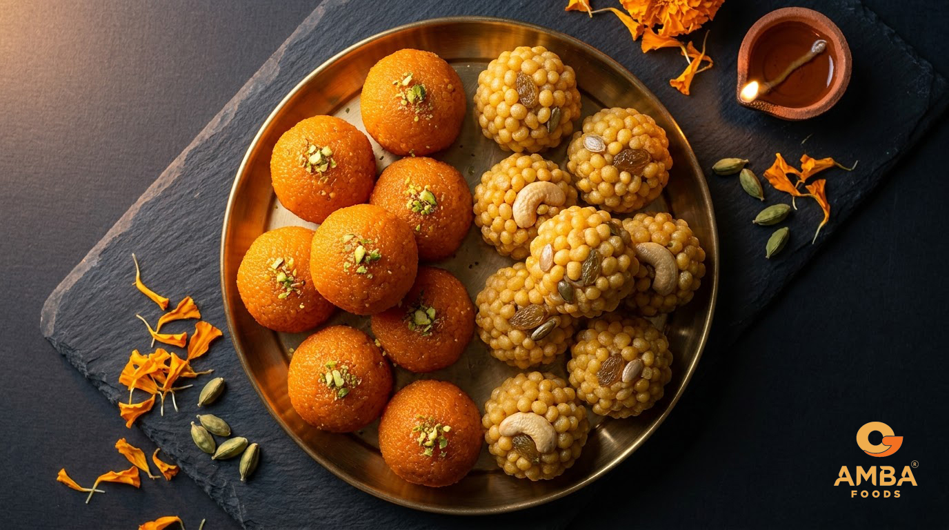 Motichoor ladoo and boondi ladoo side by side on a brass plate, showing the fine and larger pearl textures