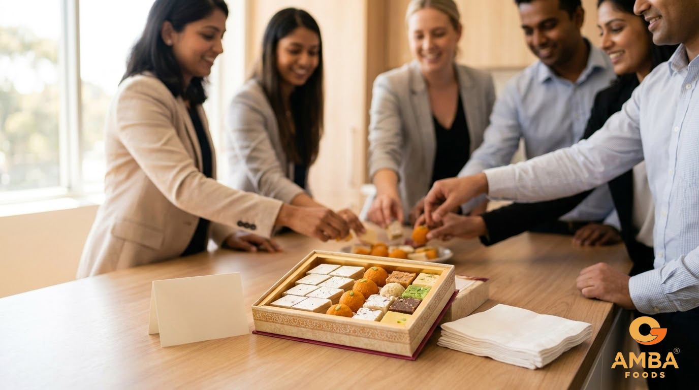 An open box of Indian sweets with a handwritten Diwali note on an office kitchen bench, colleagues helping themselves
