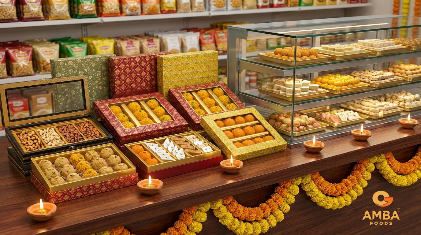Indian grocery store counter with a tiered display of Diwali gift boxes and lit diyas
