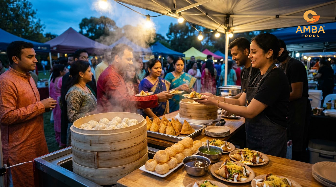 A busy food stall at an outdoor Diwali mela in Melbourne at dusk, serving steamed momos, samosas and pani puri under festoon lights