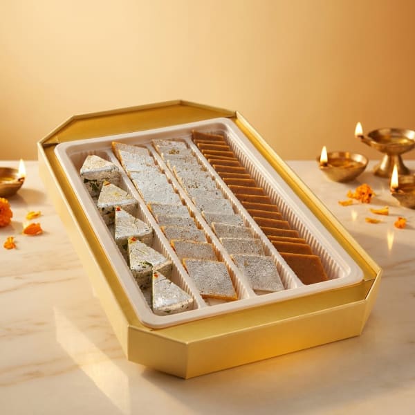 Gold Octagon Mithai Box (Kaju Sandwich, Kesar Katli, Kaju Katli & Gur Kaju Katli)