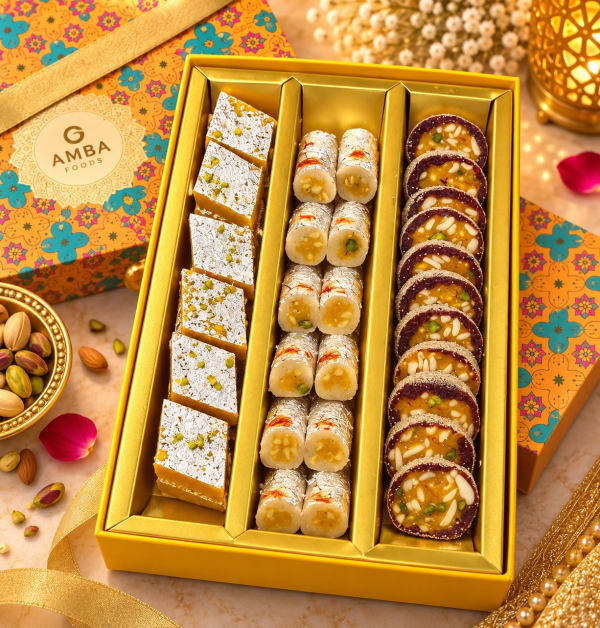 Marigold Tile Mithai Box – Kaju Katli & Rolls