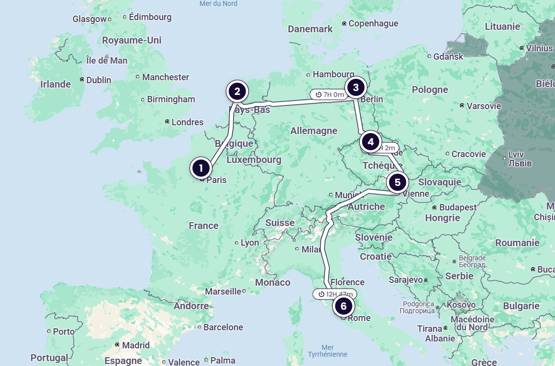 (1) Paris → (2) Amsterdam → (3) Berlin → (4) Prague → (5) Vienne → (6) Rome