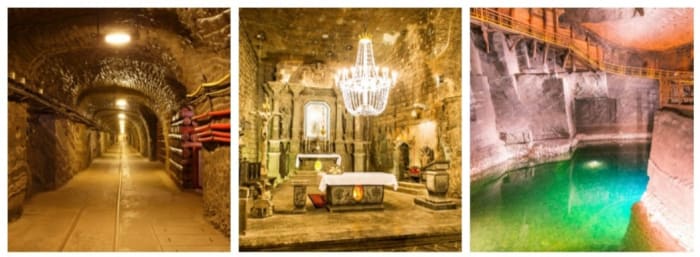 Camino subterráneo, sala religiosa y lago artificial en las minas de Wieliczka, Hungría