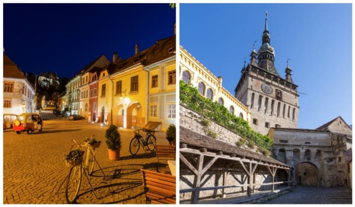 Plaza nocturna y vista del campanario en Sighișoara, Rumania.