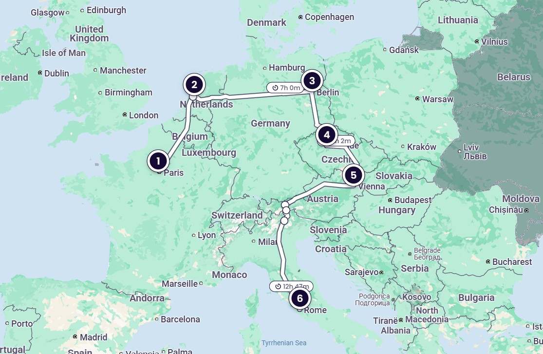 (1) Paris → (2) Amsterdam → (3) Berlin → (4) Prag → (5) Wien → (6) Rom