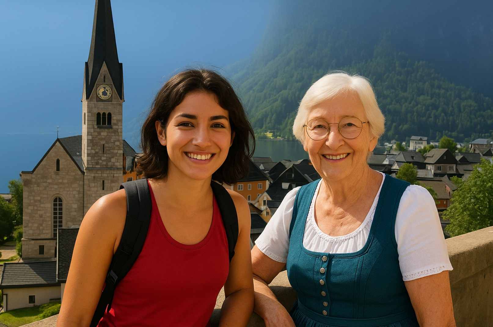 Smiling traveller and elderly Austrian lady in front of Hallstatt.jpg