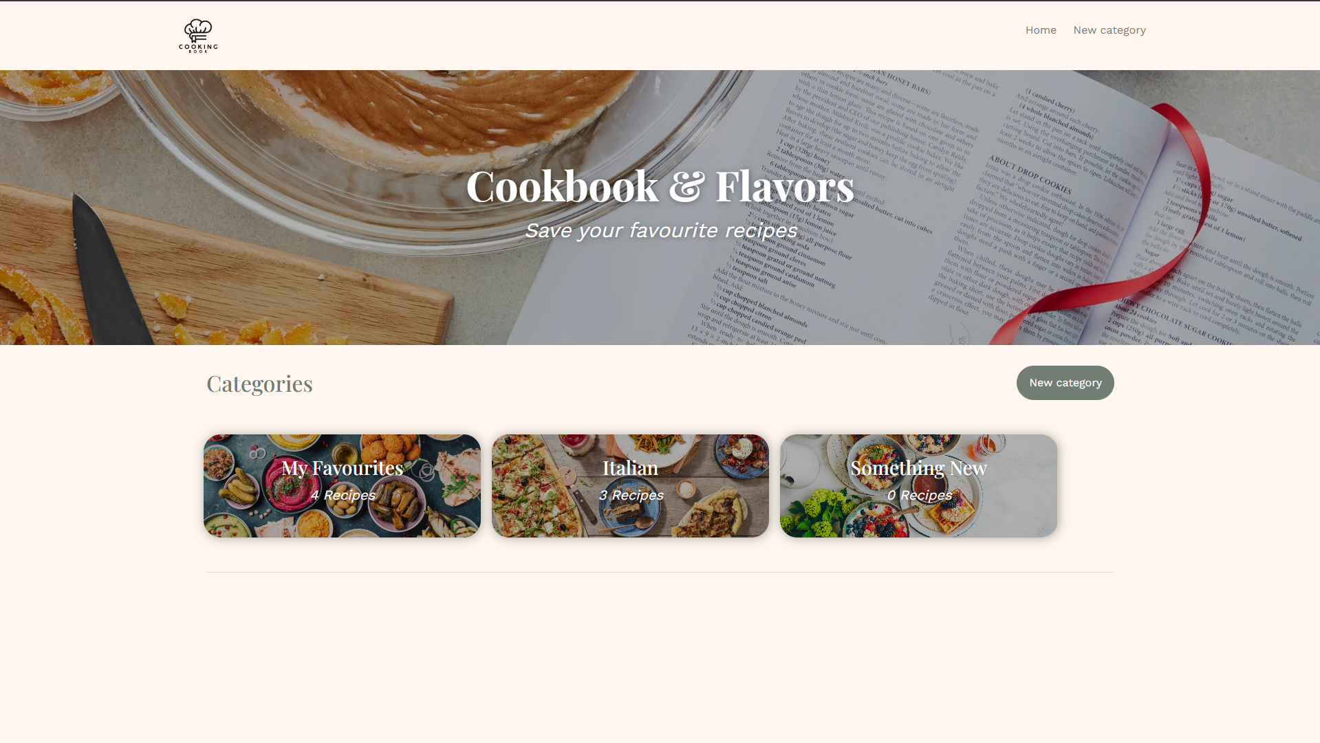 Screenshot of the landing page for Cookbook & Flavors