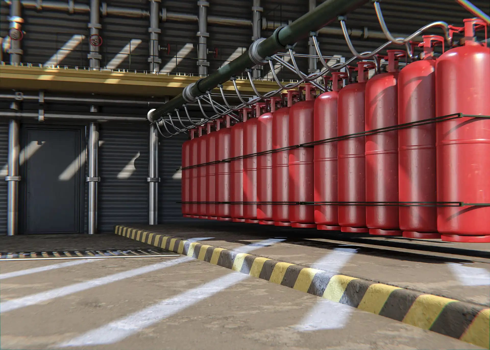 Row of red fire extinguishers lined up for safety use