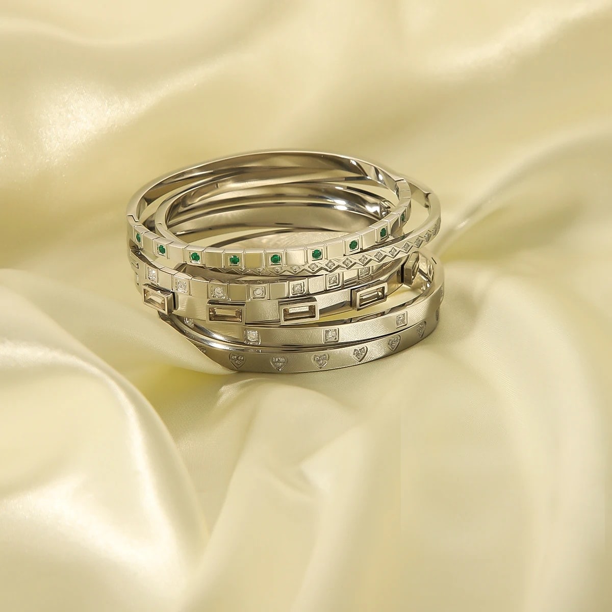 Silver Color Platinum Plated Handmade Polishing Diamond Zirconia Stainless Steel Bracelets Bangles Vacuum Plated Jewelry
