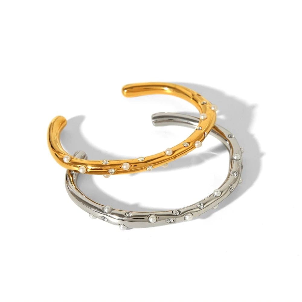 Luxury Titanium Gold Plated Mini Pearls Cubic Zircon Paved Opening Cuff Bracelet Bangle for  Women Fashion Charm Jewelry